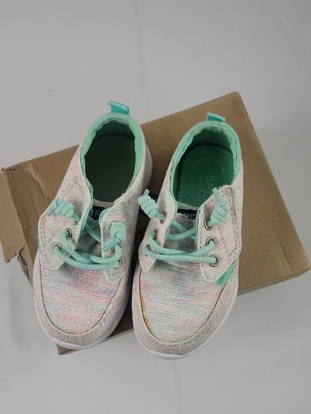 Sperry Kids Lace-Up Sneakers in Mint and Light Pink Baycoast Jr Stripe 8m